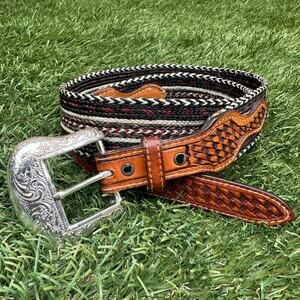 Vintage Leather Nylon Braided Chrome Buckle Cowboy Country Western Belt Sz 36